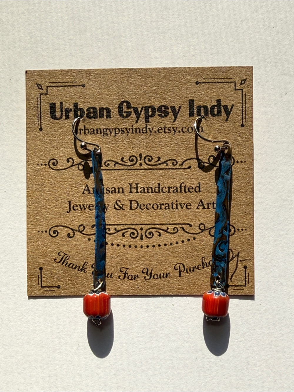 Urban Gypsy Indy Blue Brass Dangle Earrings with Red Beads